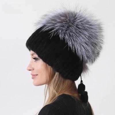 Cappello lavorato a maglia con visone e pompon Cappelli caldi invernali in pelliccia di volpe naturale per donna Berretto in vera pelliccia
