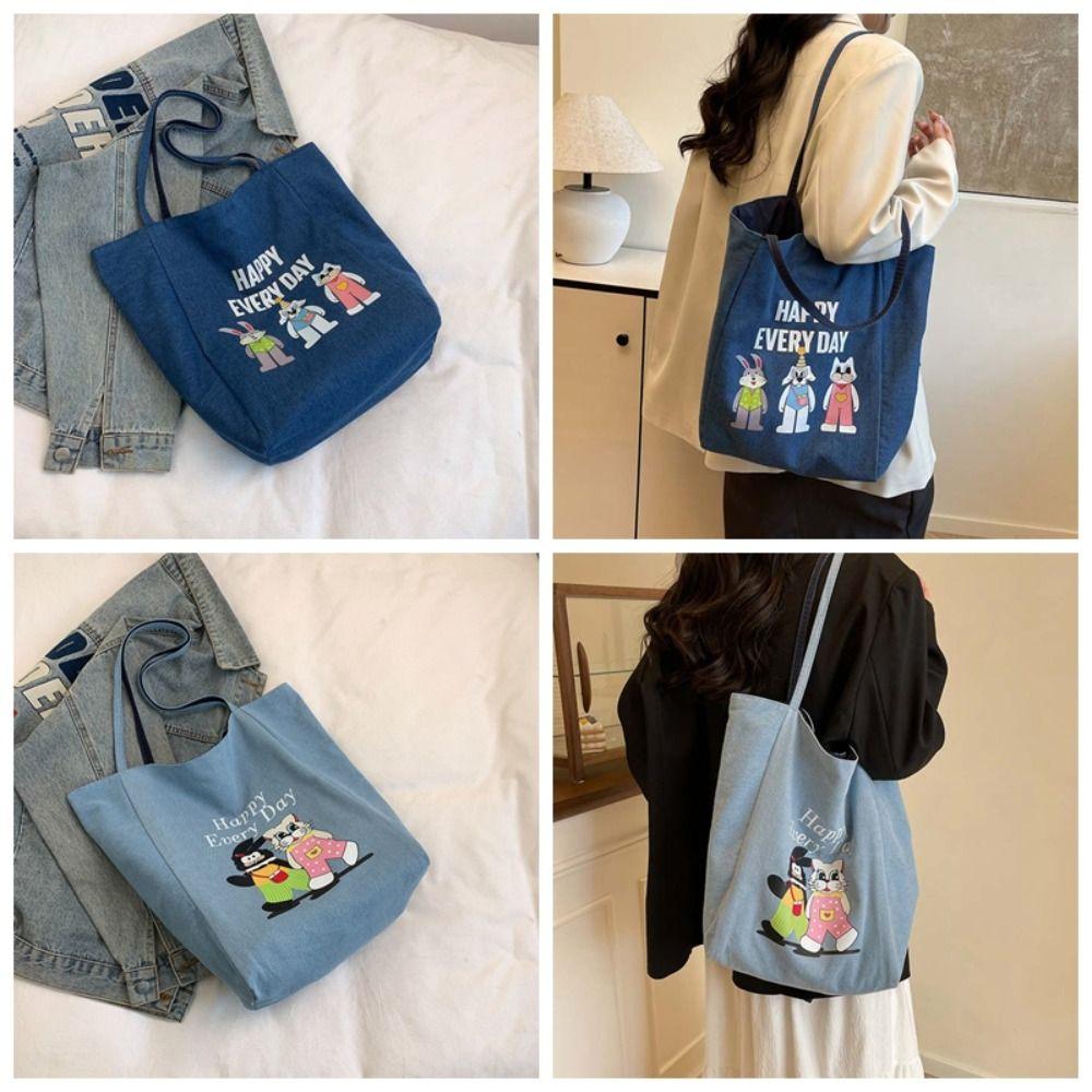 Cartoon Animal Denim Blue Handbag Large Capacity Women Canvas Bag Cute Double-sided Tote Bag  Daily