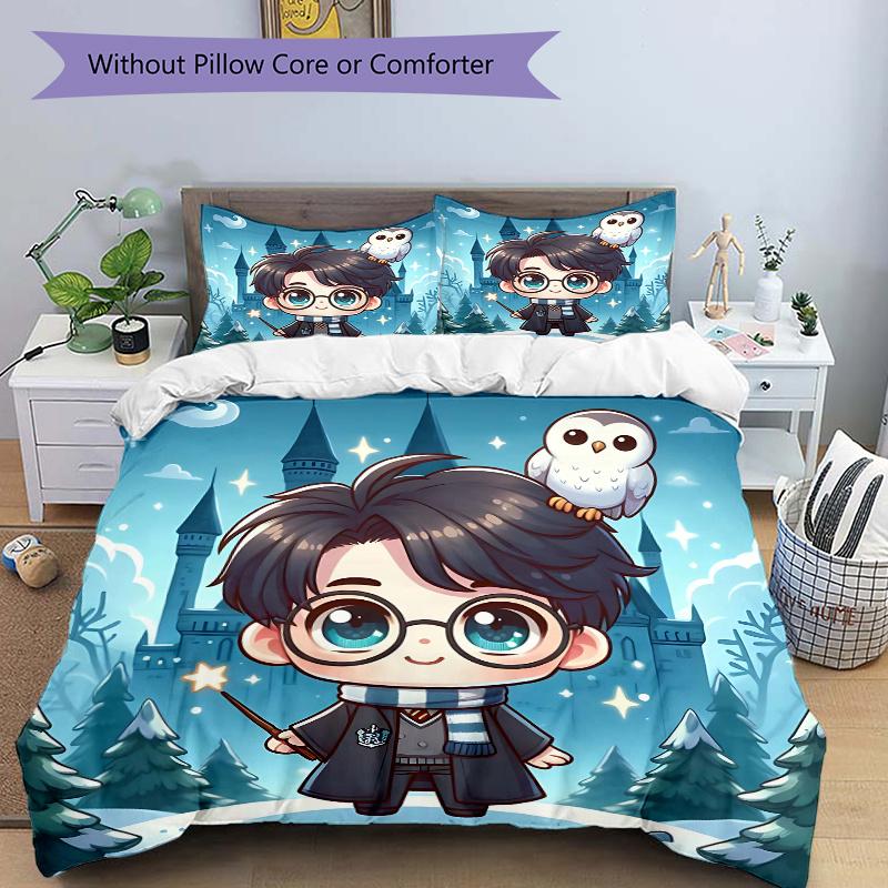 3pcs Cartoon Harry Potter & Owl Pattern Bedding Set, 1* Cover + 2*Pillowcases, Printed Bedding Set, Soft and Comfortable, Suitable for Bedro 135x200cm