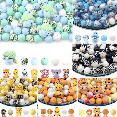 30PCS Silicone Bead Set - Cute Dinosaur, Plant & Flower Designs for DIY Jewelry, Keychains, Bracelets & Craft Pens