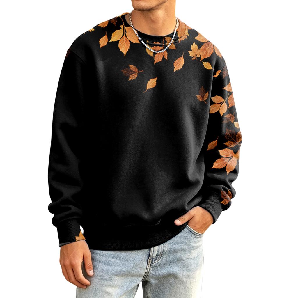 Men's Casual Long Sleeve Loose Fit Round Neck Printed T-Shirt