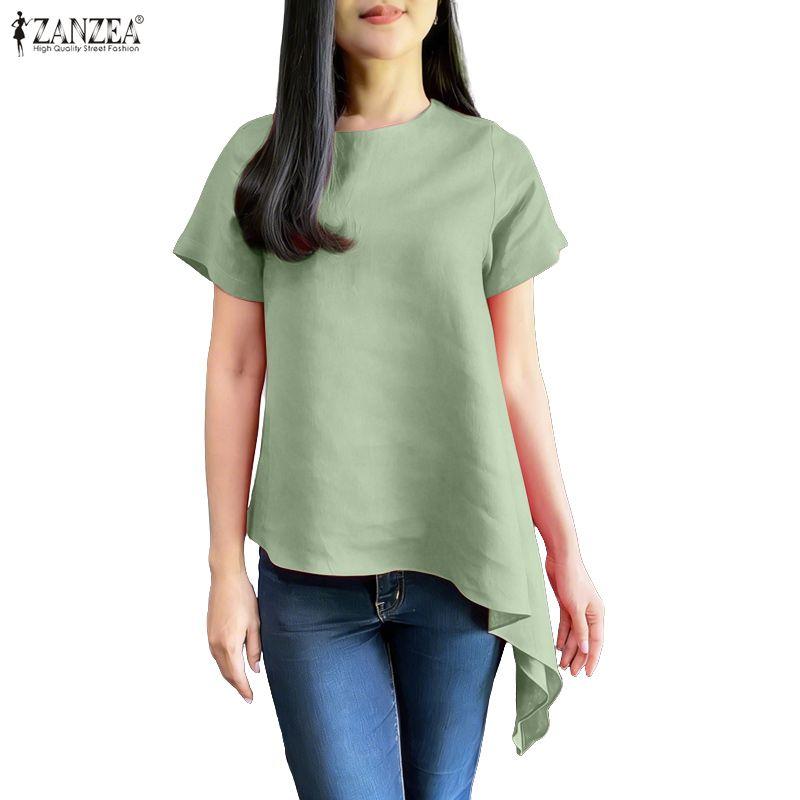 ZANZEA Women Casual Round Neck Short Sleeve Asymmetrical Hem Blouse