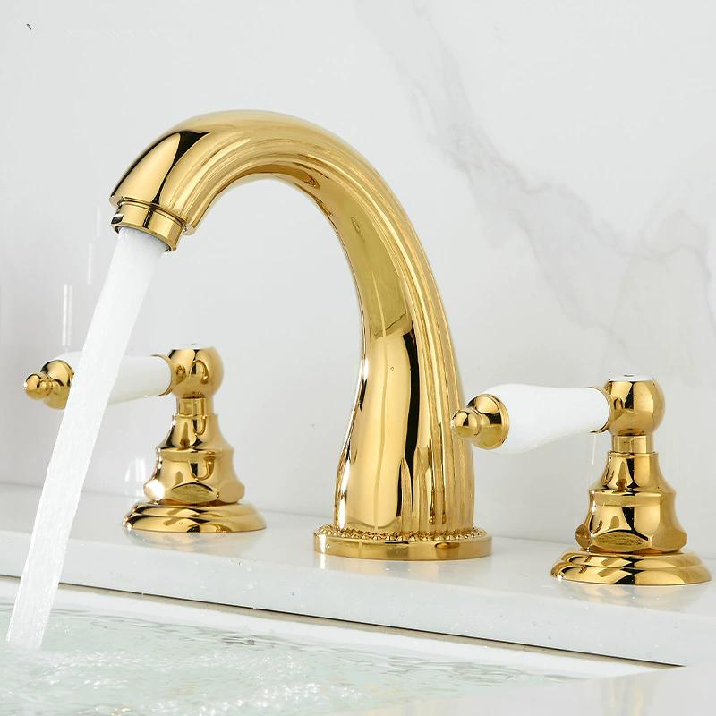 Tuqiu Gold Bathroom Faucet Widespread Sink Tap Brass Antique Basin Faucet Black Lavotory Faucet 3 Hole Hot & Cold Water Tap
