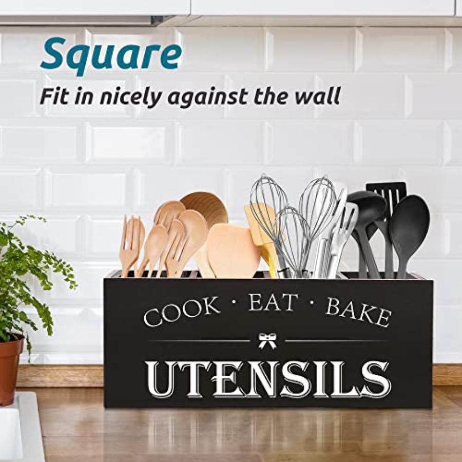 Extra Large Kitchen Utensils Holder with 4 Compartments Wooden Organizer for Countertop Farmhouse Rustic Decor Black