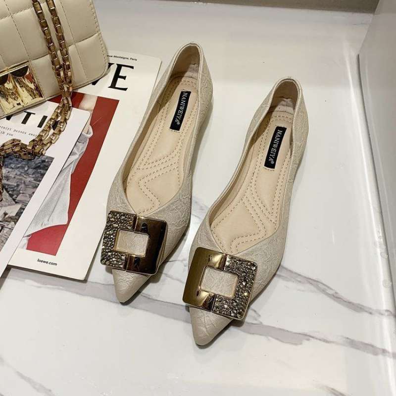 Ins Single Shoes Girl 2025 Spring New Korean Version Fairy Style Metal Buckle Pointed Tip Laden Shoes Soft Sole Foot Doudou Shoes