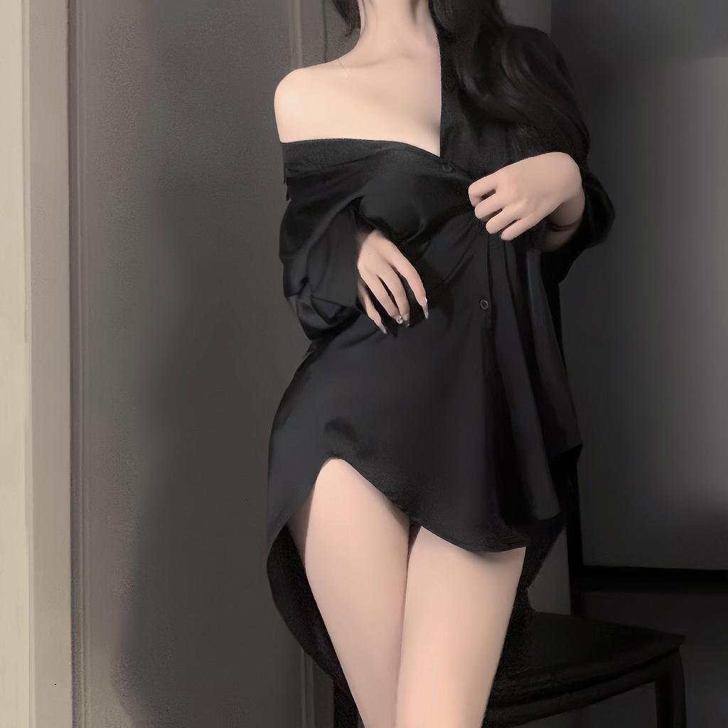 Satin silky sexy pajamas female pure desire boyfriend wind white shirt slim and thin erotic underwear 1049
