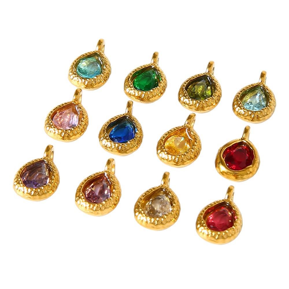 18K Gold-Plated Zircon Water Drop Hammered Pendant - Stainless Steel, Waterproof DIY Jewelry Accessory