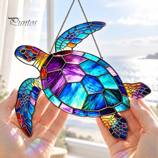 Peaceful Ocean Vibe Decor Sea Turtle Suncatcher, Acrylic Window Hanging Ornament, Faux Stained Glass Themed Gifts for Women Coastal Lovers,