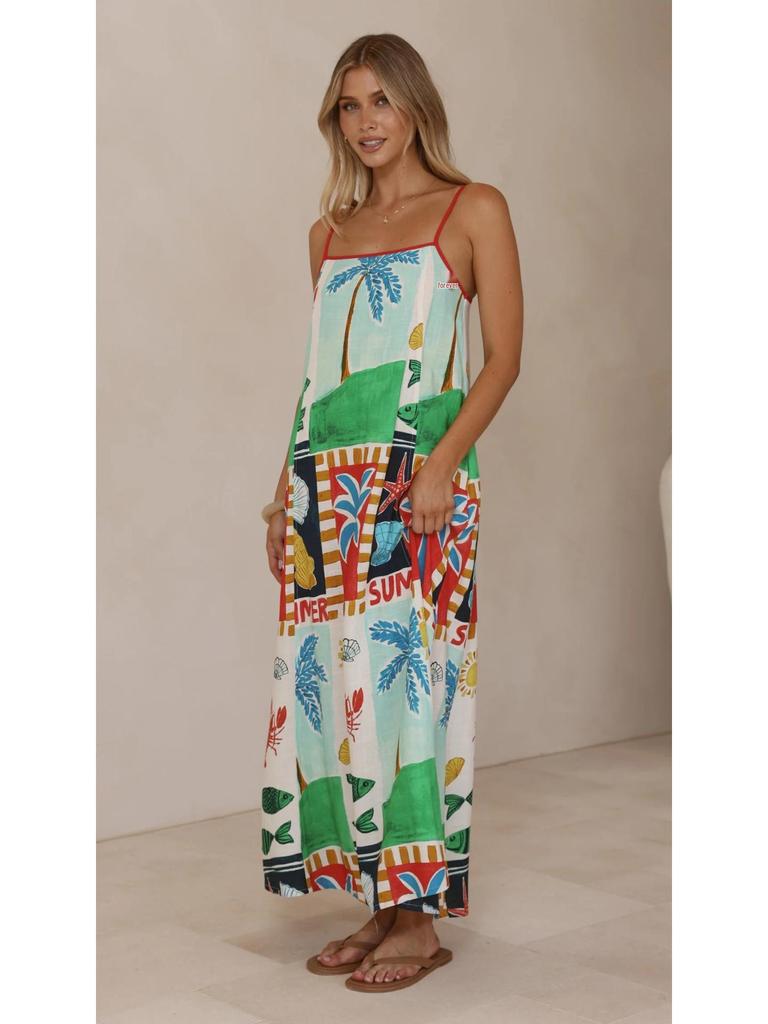 2026 Casual Holiday Printed Linen Slip Dress