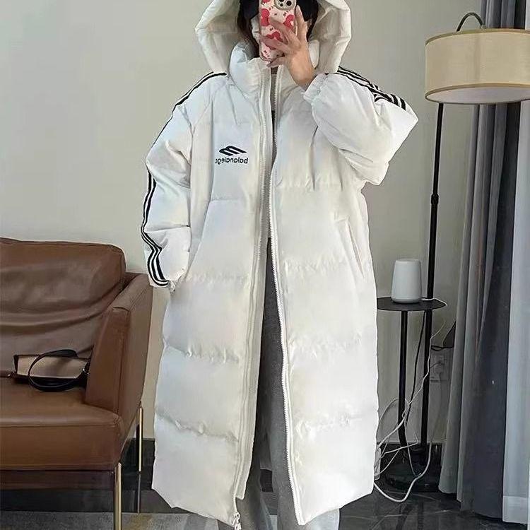 Women's 2023 Korean Style Long Down Jacket, Over-the-Knee, Three-Stripe, Thickened, Loose Fit, White Duck Down, Couple's Coat.