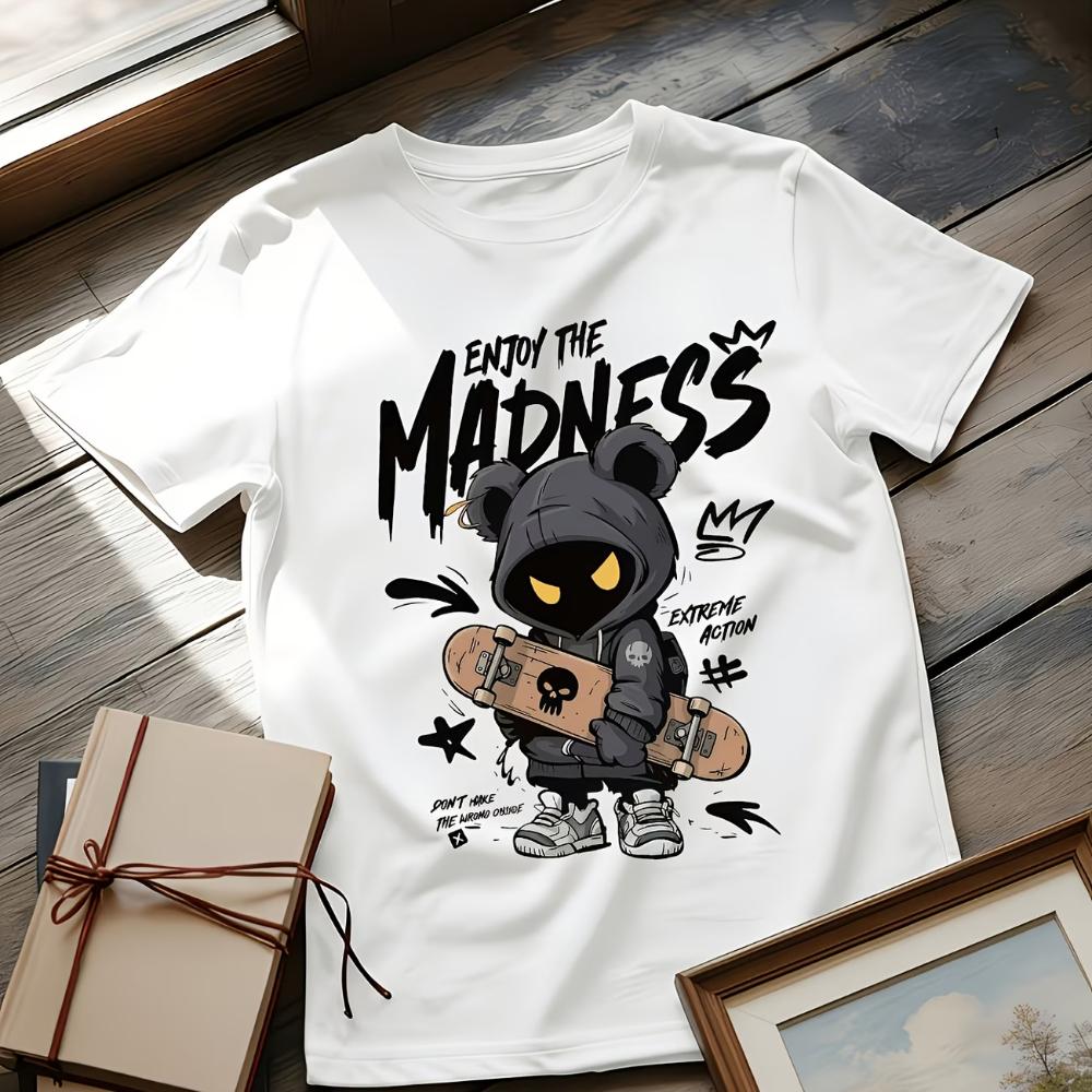 Summer Boys Girls Hooded Bear ENJOY THE MADNESS T Shirt Kids Baby Youth Unisex Unisex Tee Novelty Vintage Streetwear Y2K Harajuku