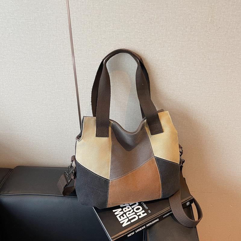 Simple Fashion Women's Bag Contrast Canvas Bag Women's Large Capacity Retro Contrast Patchwork Cloth Bag New Shoulder Handbag