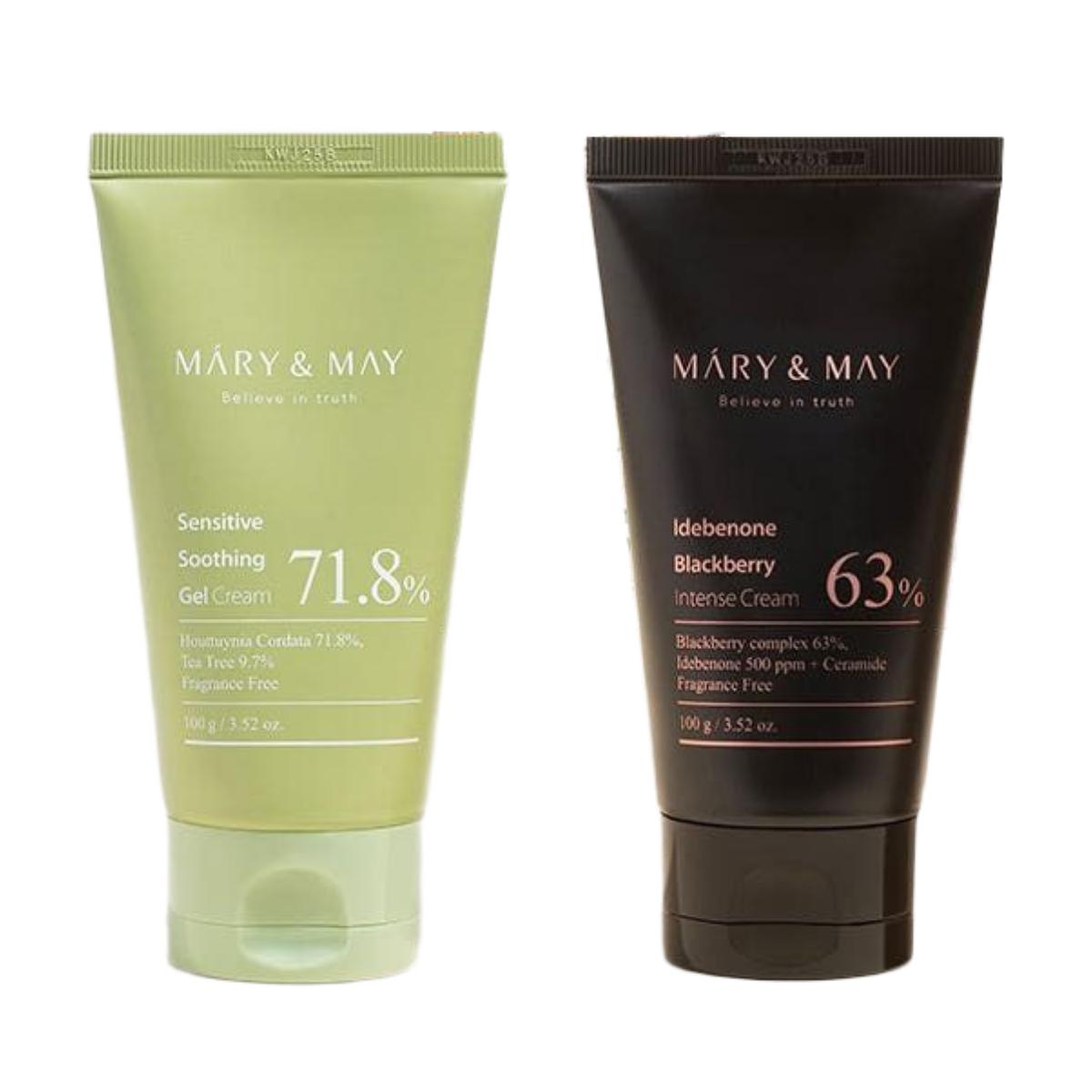 Mary&May Sensitive Soothing Gel Cream 100g + Idebenone Blackberry Intense Cream 100g Duo Set (Moisturizing & Barrier Support Face Cream Kit)