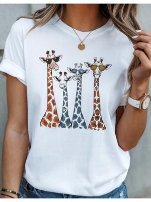 T-shirt med tryckt mönster av tecknad giraff, sommartopp för kvinnor, rundhalsad, kortärmad, moderiktig och avslappnad, sommarkläder för kvinnor