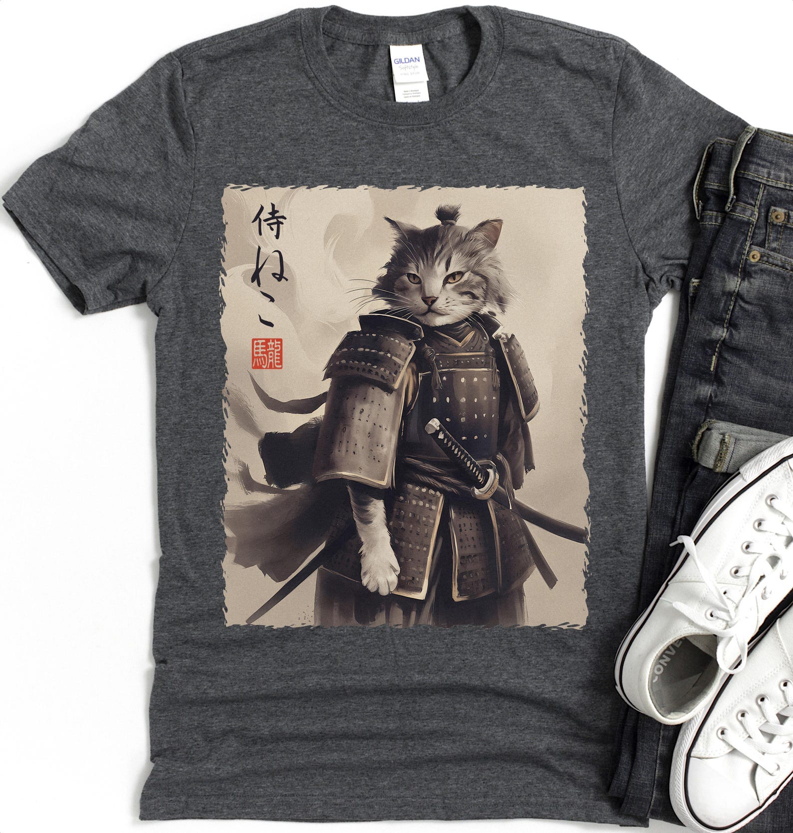 Samurai Cat T-Shirt – Ukiyo-e Japanese Ink Painting Art 4XL