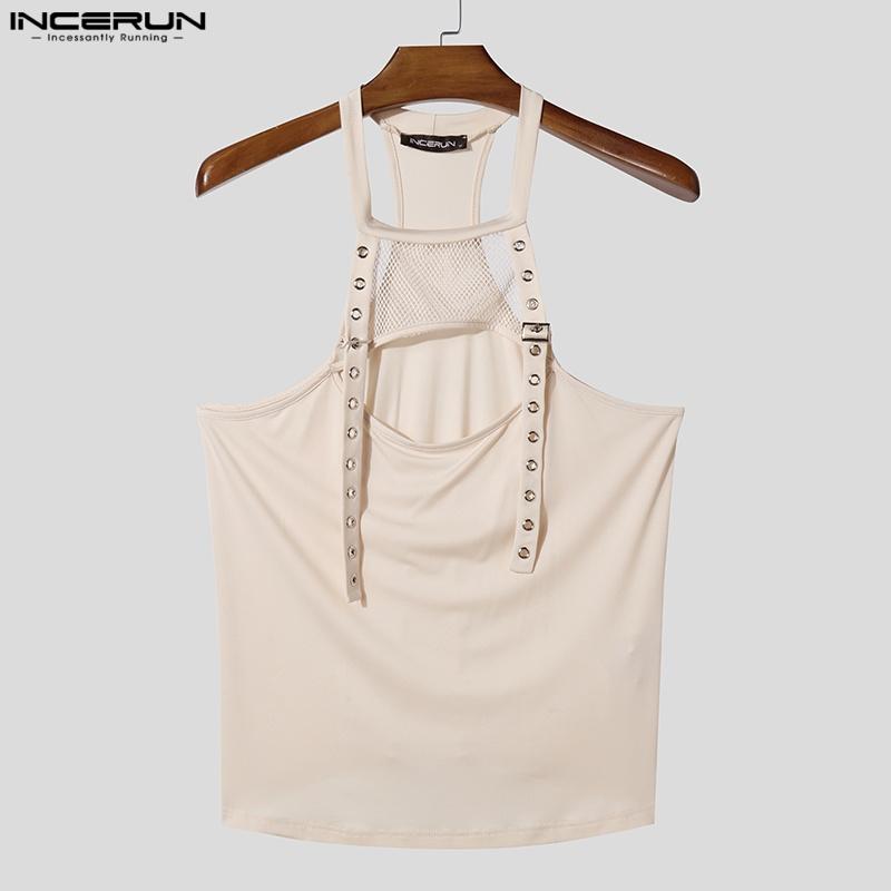 INCERUN Men Summer Strap Sleeveless Mesh Hollow Patchwork Cutout Fitted Tank Tops