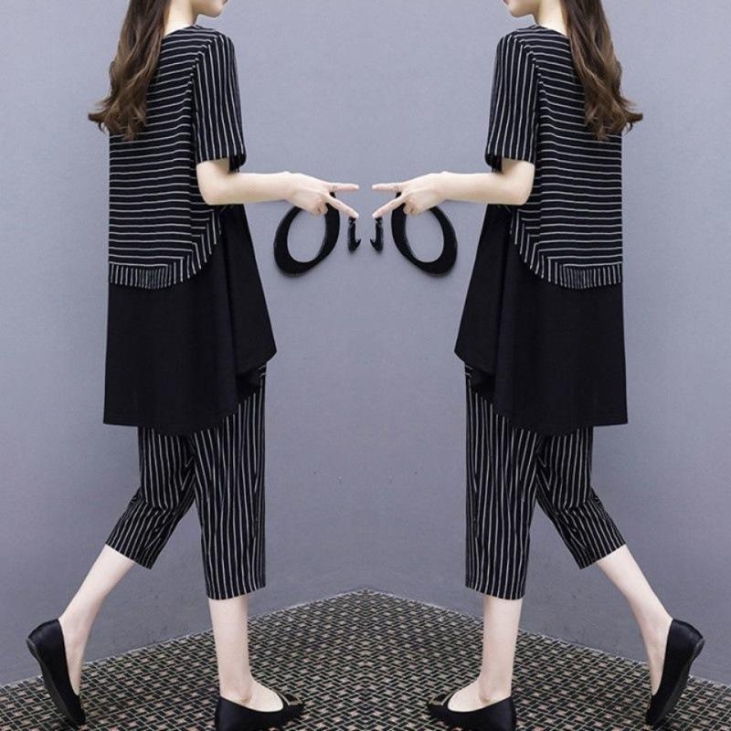Sports Suit Women's Summer Fashion Large Size Loose Short-sleeved Cropped Pants Casual Two-piece Set