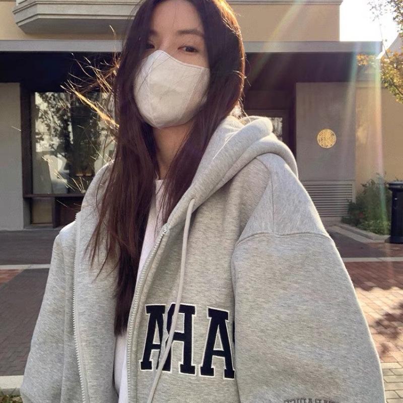 Extra stor fleece-tröja med broderad bokstav för kvinnor, tjock, lös och avslappnad kappa för höst och vinter