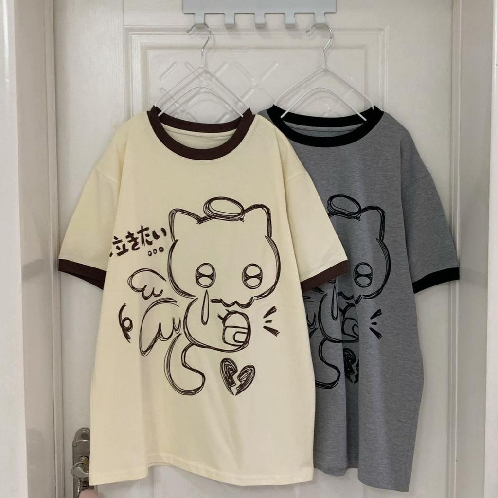 Cat Print Cute Women Tshirts Summer Tees Japanese Kawaii Oversized Tops Girls Harajuku Short Sleeve O-neck T-shirt