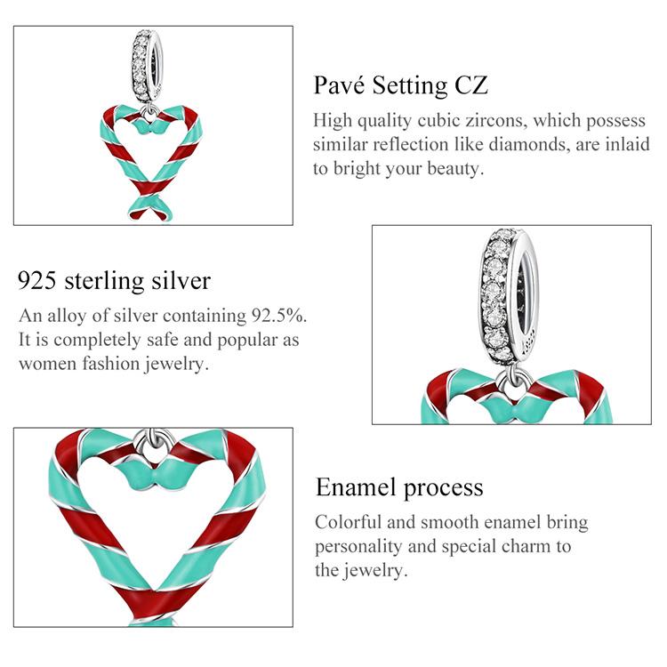 Bamoer 925 Sterling Silver Candy Canes Love Pendant Fit for Women Bracelet & Bangle Christmas Gift