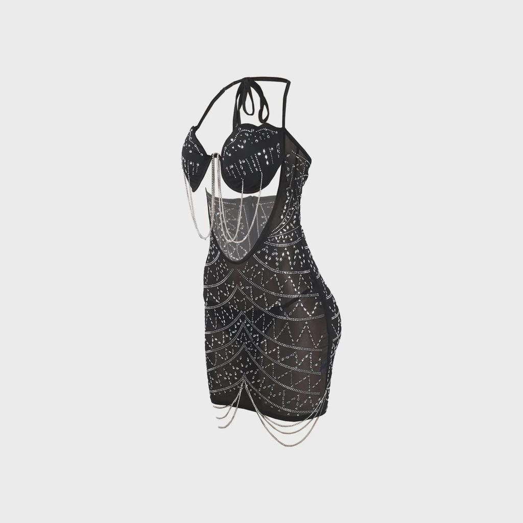 European & American Sexy Diamond Tassel Slimming See-Through Dress K2735