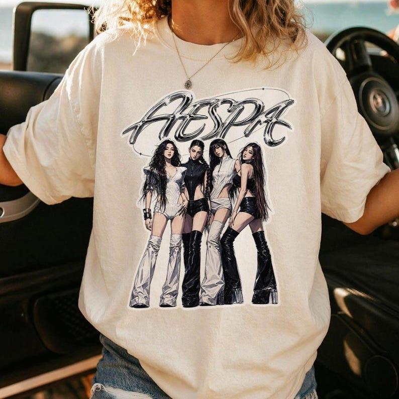 Aespa Illustration Shirt Kpop Girl Graphic Tee Art Idol Fan Gift Concert Outfit Top Breathable Material No Stuffiness In Hot Summer