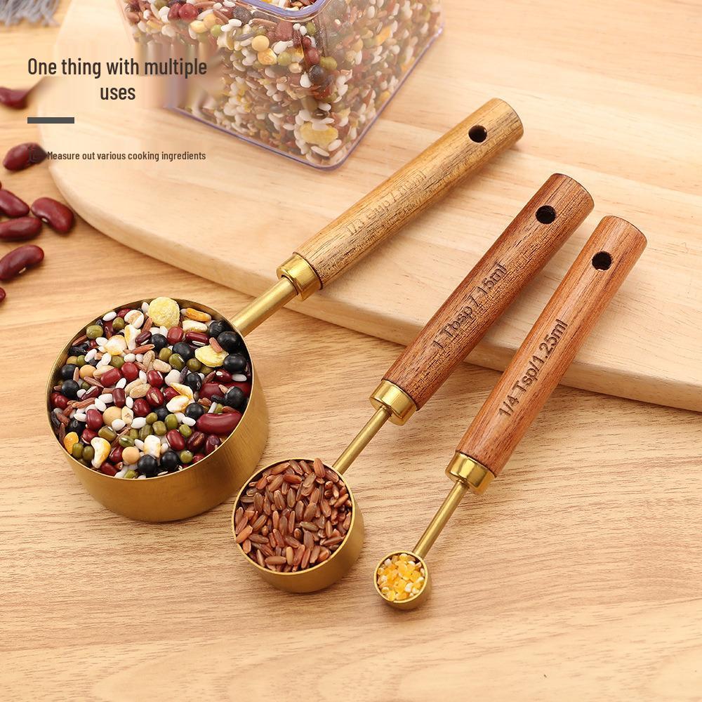 Gold Stainless Steel Measuring Cups & Spoons Set with Acacia Wood Handles - 8-Piece Baking Tool Set