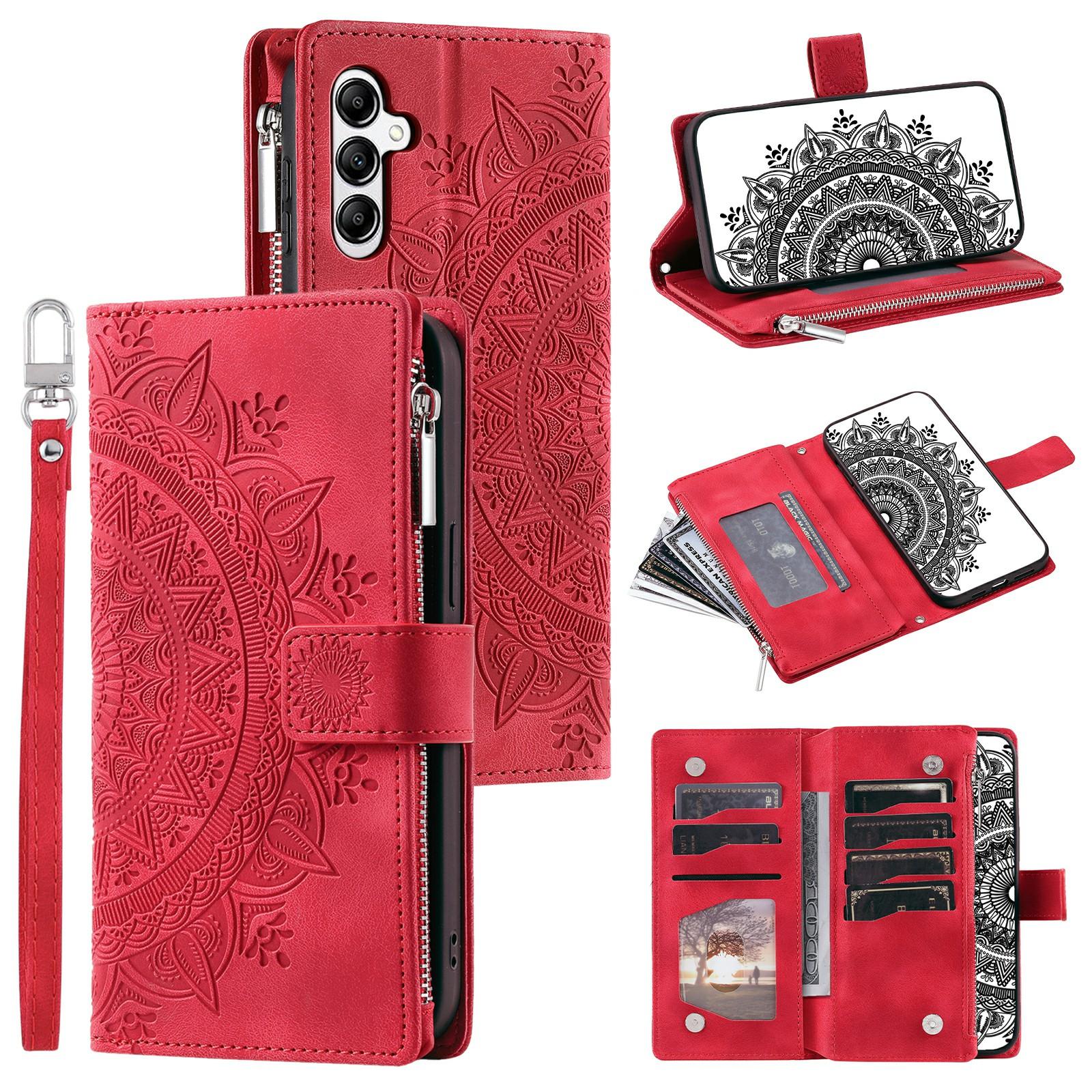 

For Samsung Galaxy M55 5G/C55 5G/F55 5G Wallet Case Zipper Pocket Flip Leather Mandala Totem Phone Cover Red