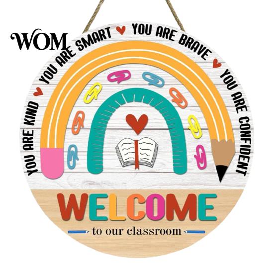 Farmhouse Classroom Sign Wooden Welcome for Door, to Our Round Smooth Surface Door Plaque Hanger, Front Hanging Sign, Back School Preschool Decoration