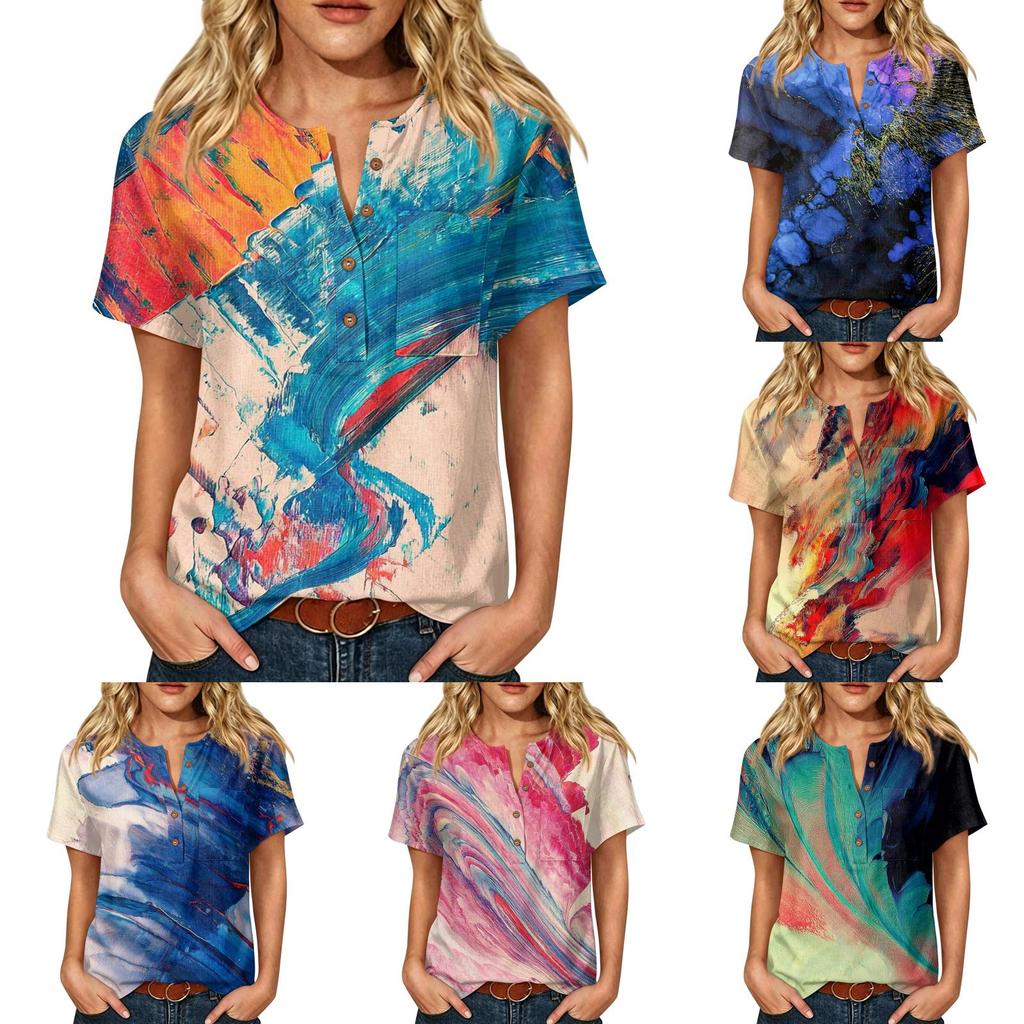 Women Casual Printed Henley Neck Button Front Pocket Short Sleeve Linen Cotton Shirt Blouse Top for Summer