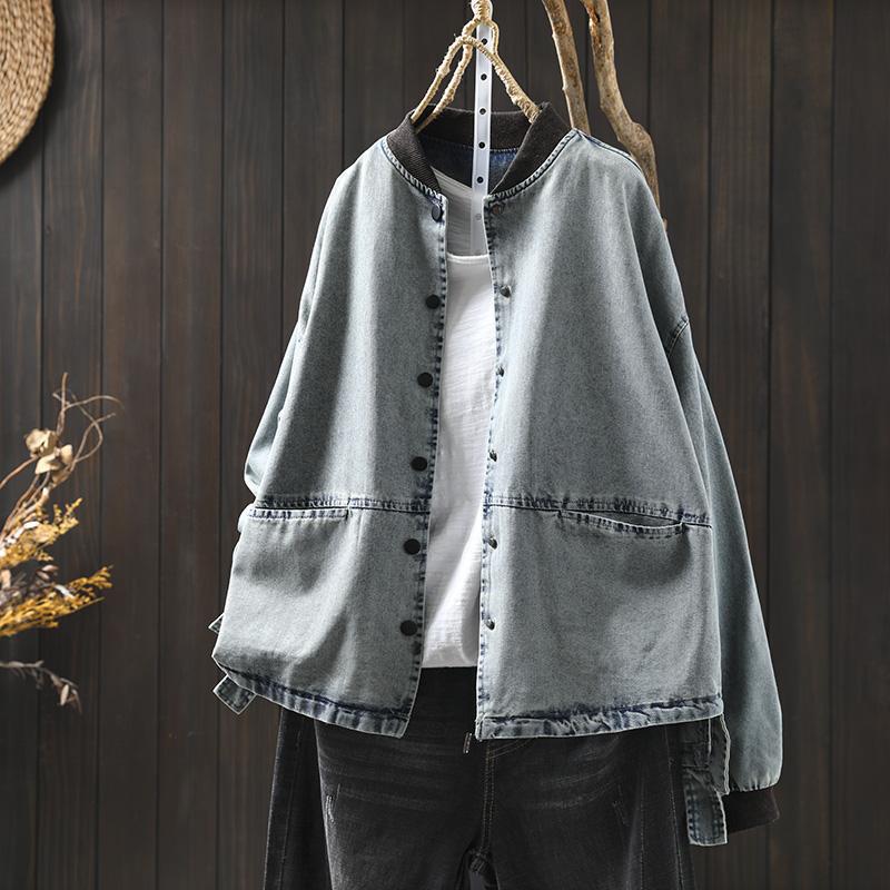 

Women s Petite Loose Fit Lapel Denim Jacket - Spring Casual Plus Size One Size