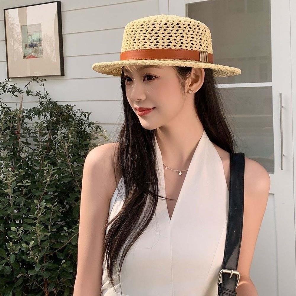 Sun Protection Straw Boater Hat Lightweight Flat Top Beach Hat Handwoven Sun Cap  Beach Vacation