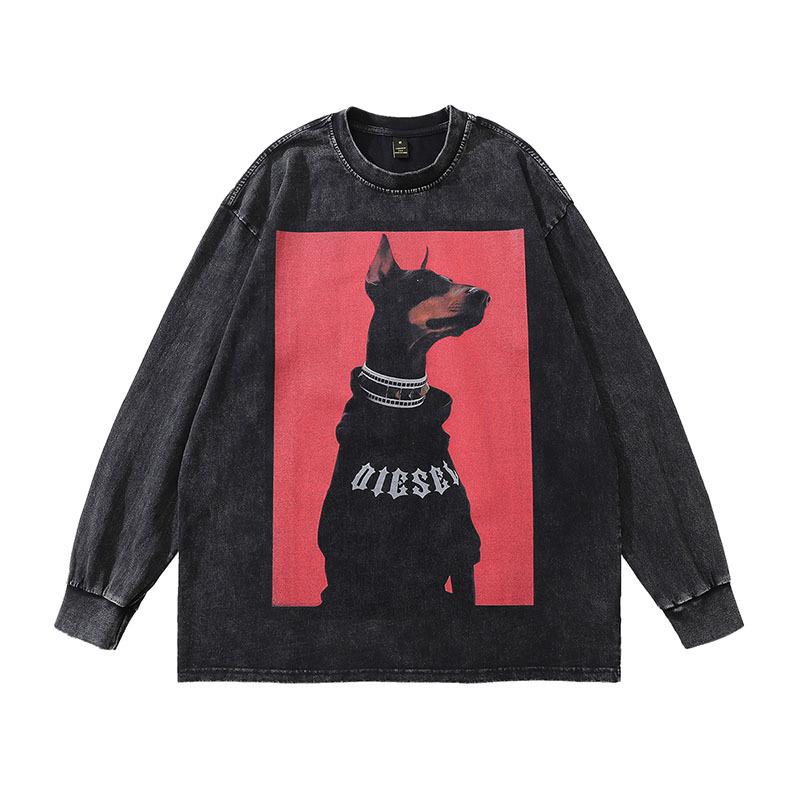 European And American High Street Dark Doberman Prints Heavy Old Hoodie Sweatshirts Hip-Hop Made Old Hoodie Men