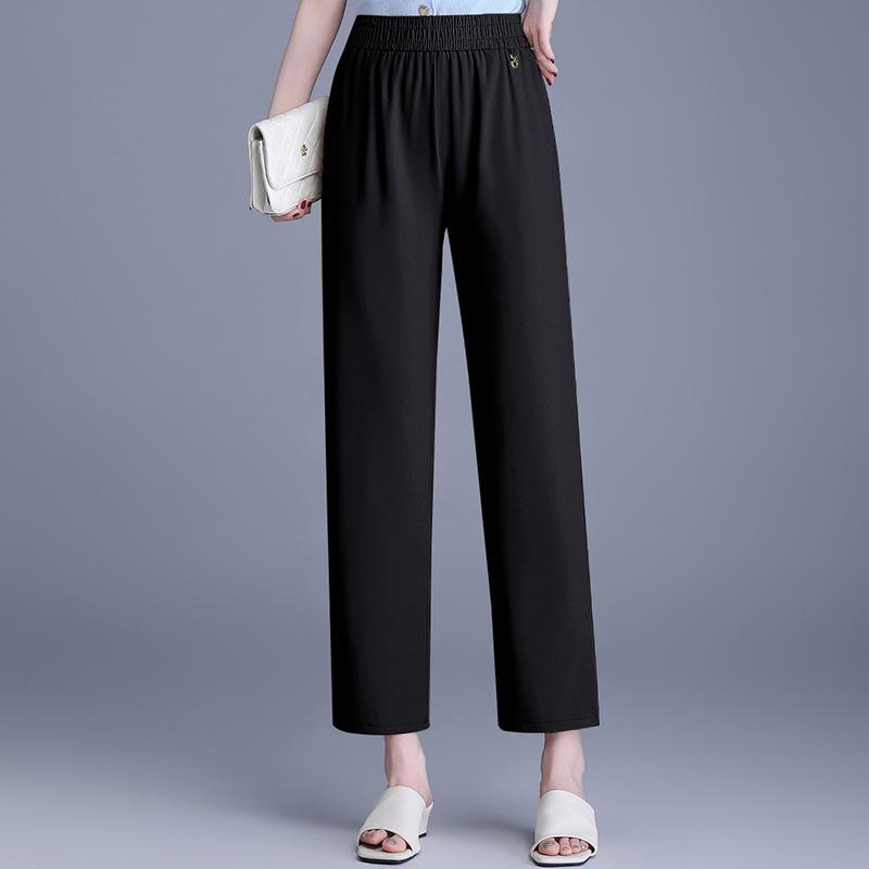 Elastic Waist Wide-Leg Pants for Middle-Aged Women, 9-Point Length, Spring & Autumn