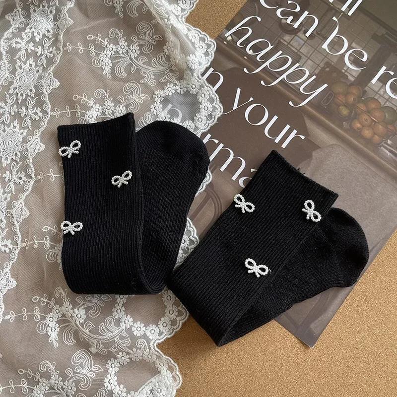 1 Paire Chaussettes Mi-Mollet Mode pour Enfants Design Créatif Nœud Perle Couleur Unie Chaussettes pour Enfants Printemps Automne Chaussettes en Coton Doux