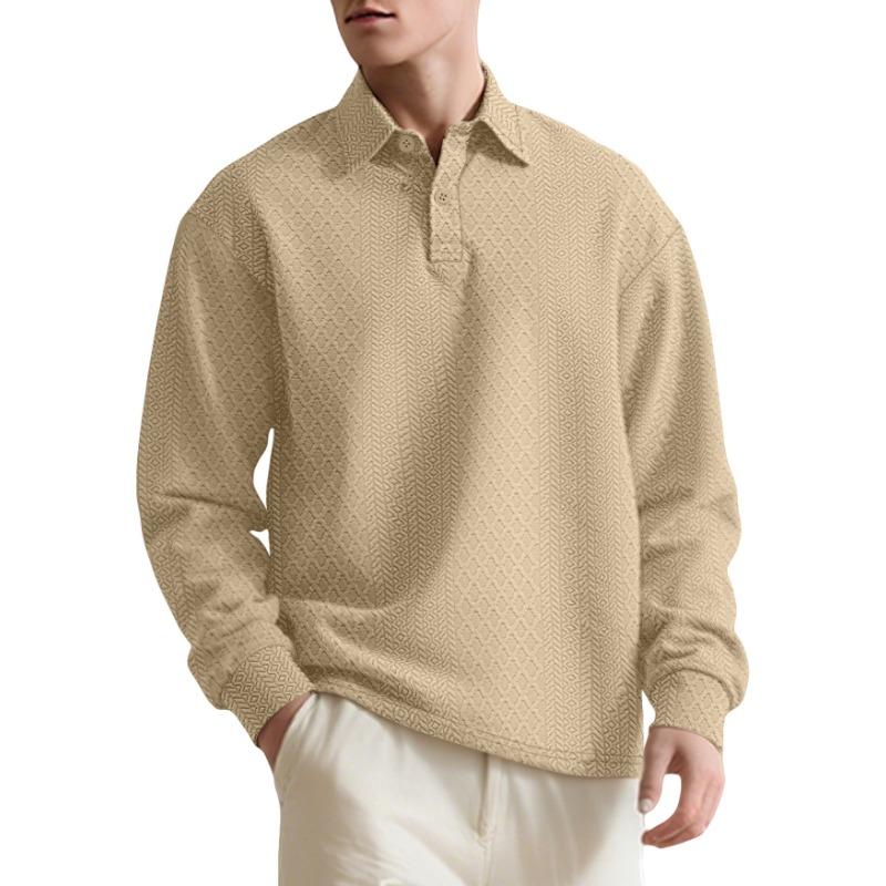 European American Men's Textured Jacquard Solid Button New Polo Shirt Lapel Long-sleeved Loose Sweatshirt