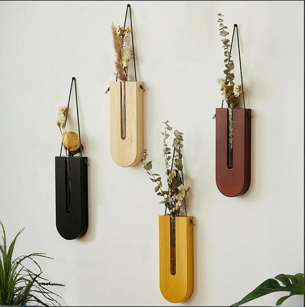 Wooden Hanging Planters Bohemia Wall Plant Propagation Terrarium Flower Tube Vase with Wood Stand, Indoor Propagator for Plants