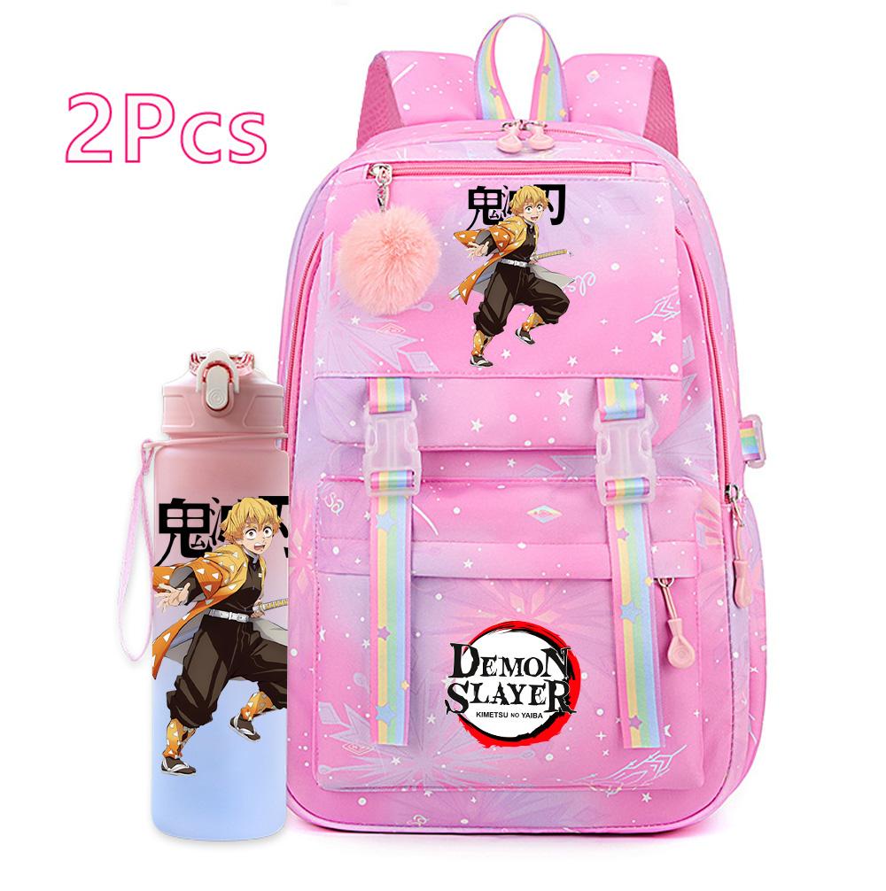 2Pcs/set Anime Cartoon Demon Slayer Printed Backpack with 750Ml Water Bottler for Teenager Bookbag Large Capacity Waterproof Travel Bag Gift