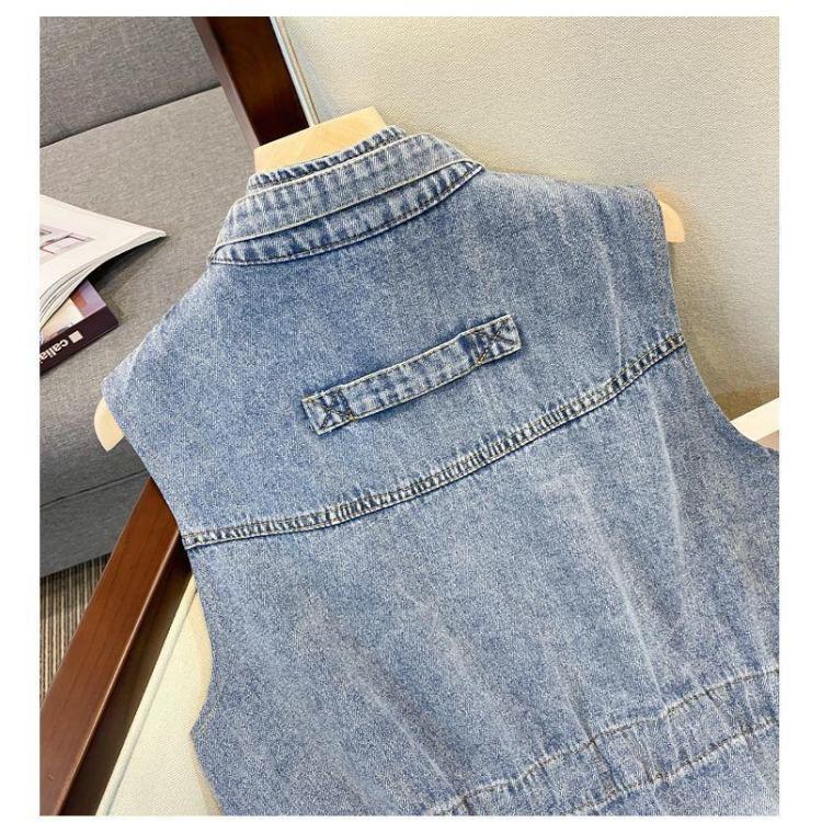 Plus Size Women Vest Sleeveless Waist Tie Fashion Slimming Long Retro Denim Jacket Casual Design
