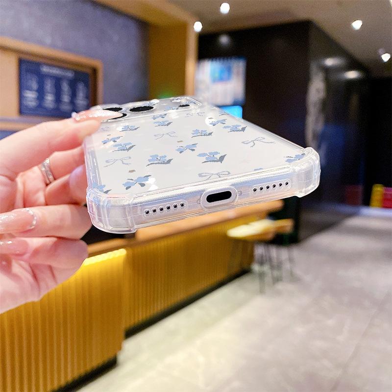 Mori Light Blue Floral Transparent Four Corners Anti-drop Apple 12/13promax Summer Mobile Phone Case Girls High Value