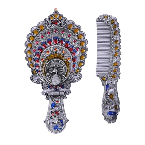 Vintage Folding Hand Mirror with Carved Comb Portable Travel Long Handle Metal Makeup Mirror Women Decorative Handheld Desk Vanity Mirror