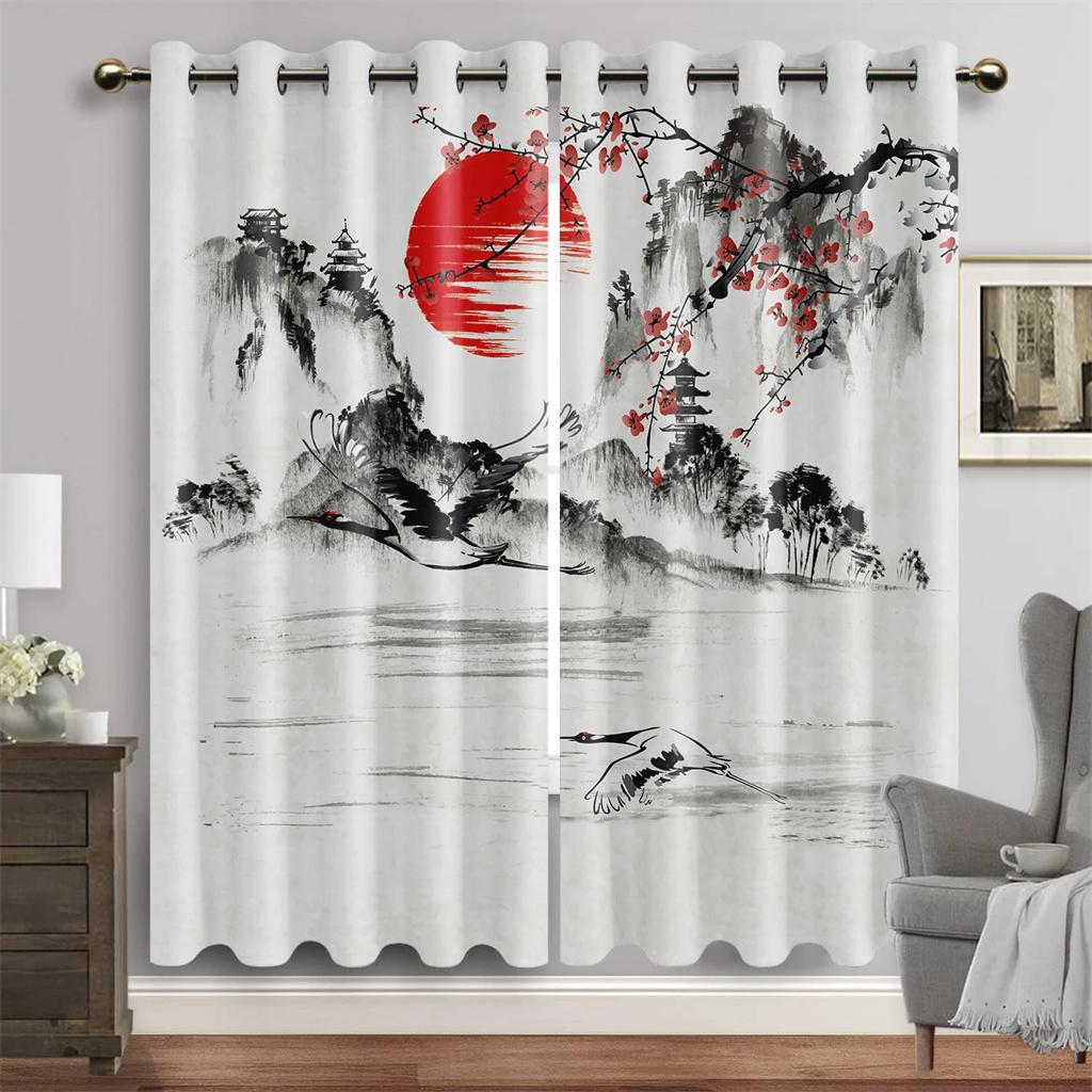 

Японский пейзаж Традиционная живопись тушью Шторы-тени Гостиная Спальня Классические шторы Декор окна комнаты 2 панели 50W130H(CM)x2&Grommet Top