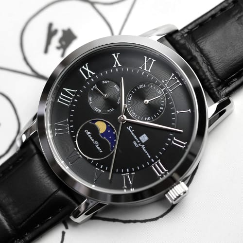 Salvatore Marra Men's Limited Edition Silver/Black Watch, Moon Phase, Multi-Calendar, 5 ATM Water Resistance, Leather Strap, for Business and Formal W