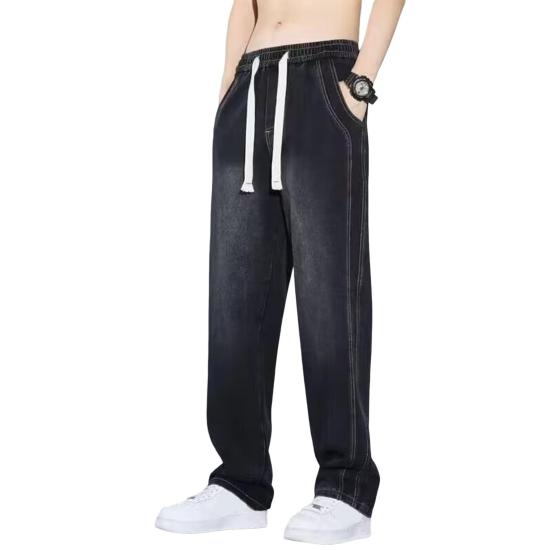Calça jeans masculina de verão, cintura elástica, cordão ajustável, calça jeans com bolsos, cor sólida, perna larga, calça casual