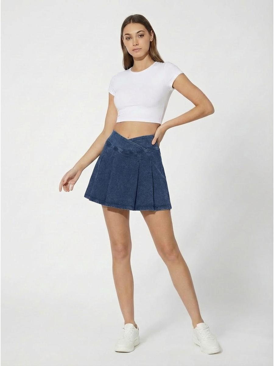 

European & American Knitted Denim Mini Skirt with Cross Waist, Washed Pleats, Pockets, A-line Fit, Yoga-Friendly Extra Large темно-синий