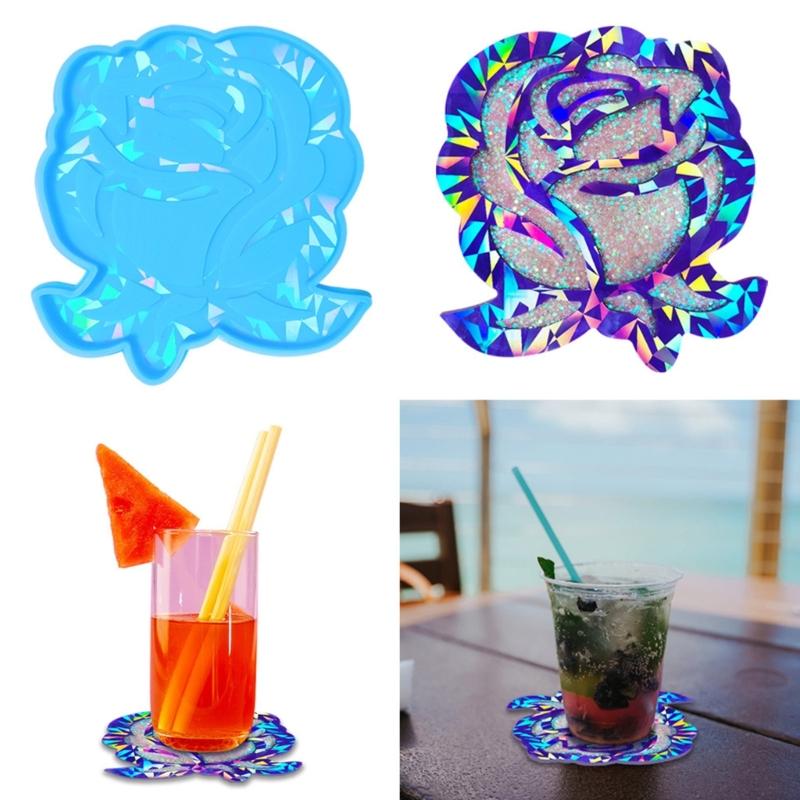 Silicone Resin Coaster Molds Holographic Cup Mat Epoxy Mold DIY Rose Flower Home Ornament Drink Mat Mold Craft Tool