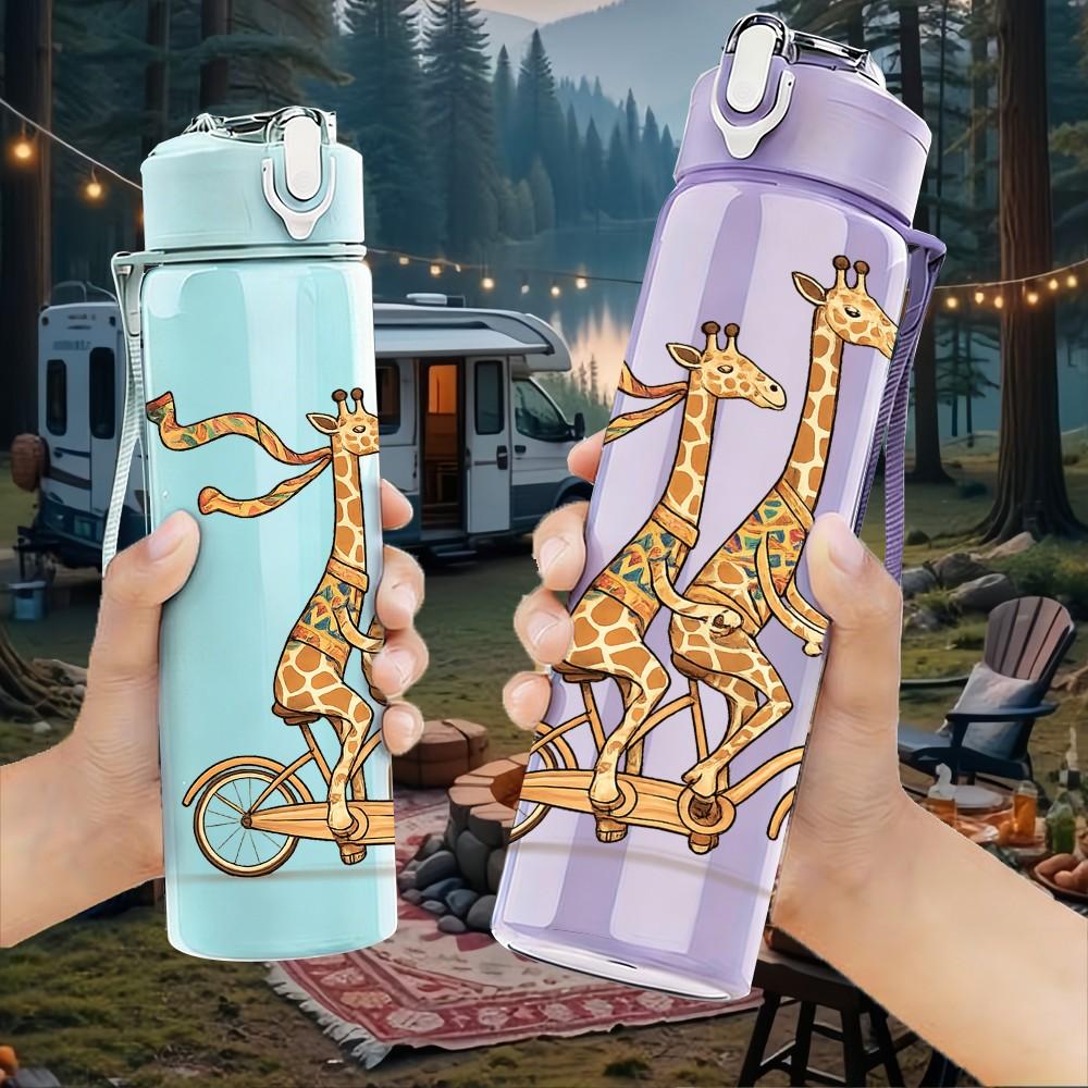 1PC Giraffe Riding Bicycle Funny Print 750ml Color Plastic Sports Water Bottle Leakproof Flip Straw Lid Suitable for Sports Office Home Use