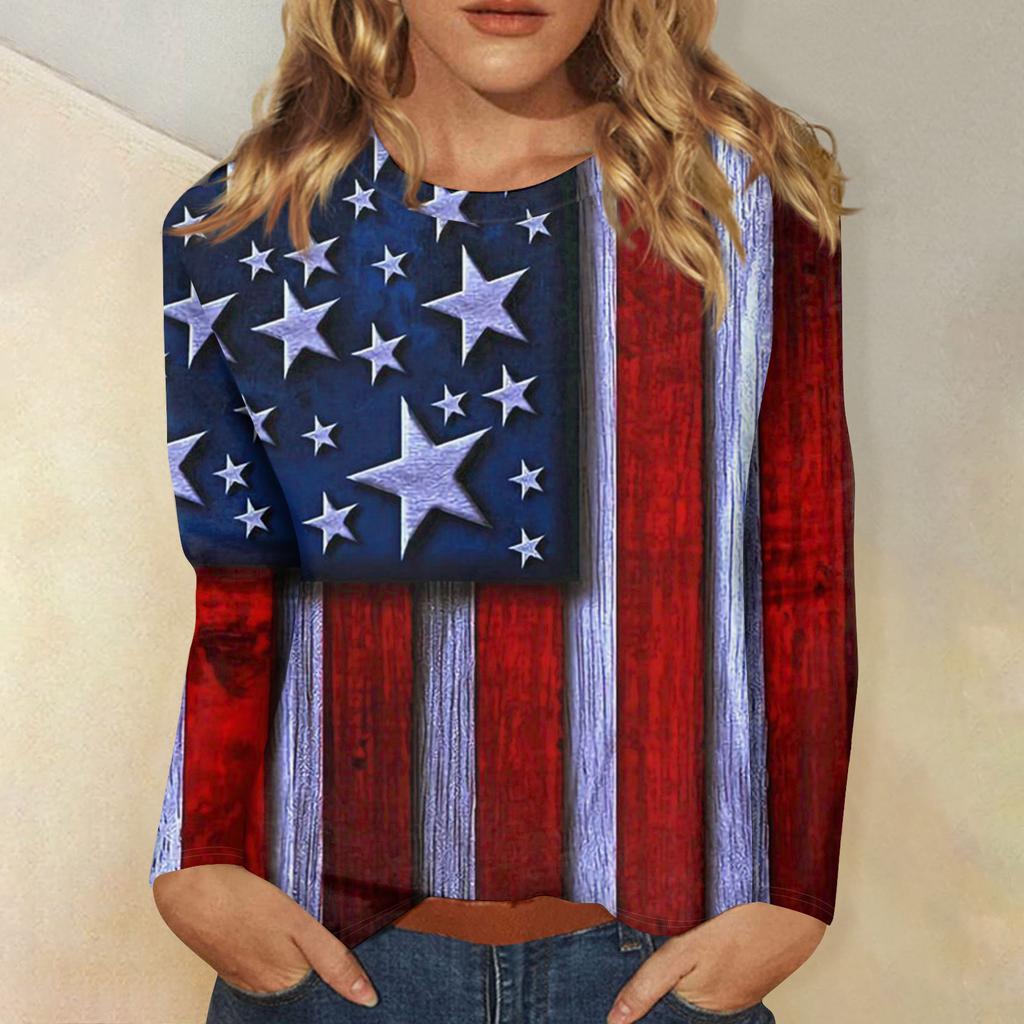 Long Sleeve Crewneck Shirt with Flag and Flower Print Casual Pullover Top for Women Comfortable Fit