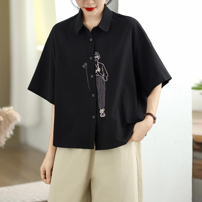 DIMANAF 2026 Women Plus Size New Summer Blouse Shirt Short Sleeve Casual Loose Embroidery Lady Tops Shirts Cotton