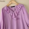 ZANZEA Women Ruffles V-Neck Solid Color Loose 3/4 Sleeve Blouse